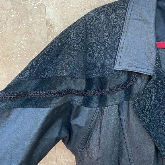 Greg Bell Leather Trench Coat Long Sleeve Collared Button Midi Black Size S - Picture 6 of 16